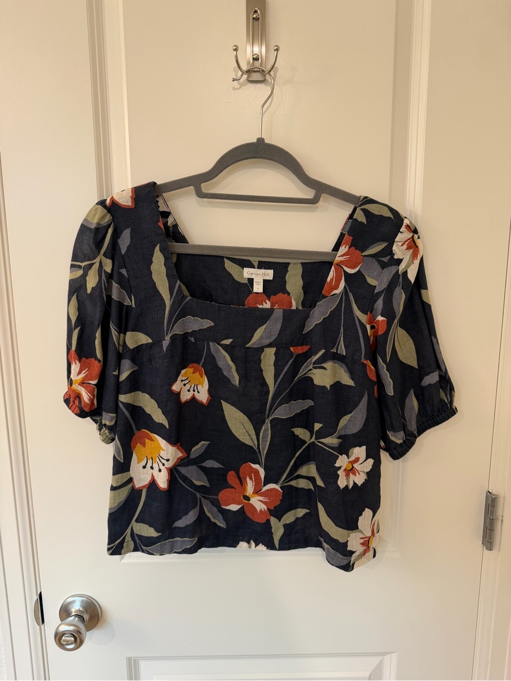 Garnet Hill Navy Floral Linen Square Neck Top